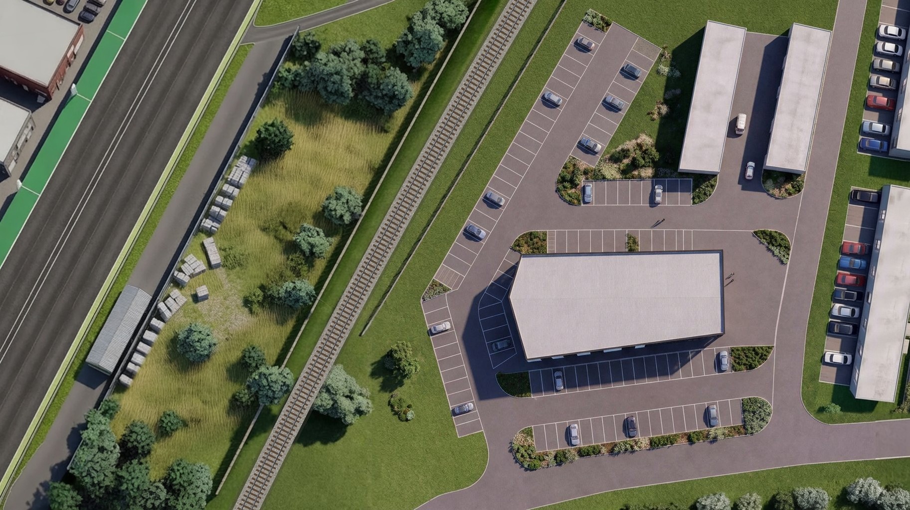 Wizualizacja z góry: budynek, parking i dwa zespoły garaży na działce